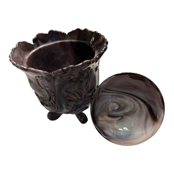 Imperial Glass Purple Slag Footed Covered Candy Jar 1960’s marbled pattern - Picture 6 of 11
